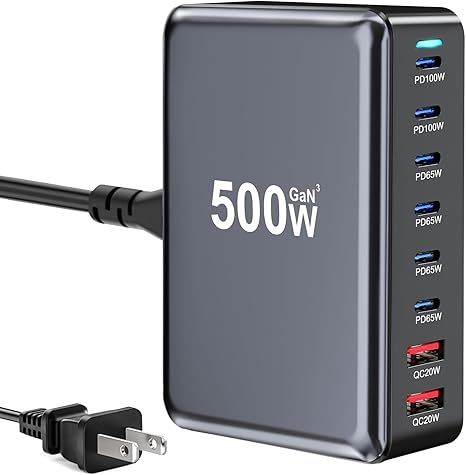 500W USB C Fast Charger Block, Multi-port USB Charging Station, GaN Ⅲ Double 100W PD PPS Port Fast Charging Station for Multiple Devices,Laptop Wall Charger Compatible with MacBook, iPhone 17,iPad etc