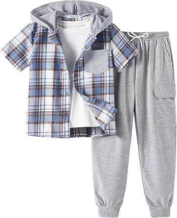 2Pcs Boys Clothes Outfits Plaid Short Sleeve Hooded Button Shirt and Jogger Pants for Kids Spring Summer Pants Set