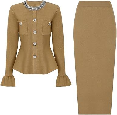 Women's Knitted Long Skirt with Rhinestone Beads, Gold Long Slim Fit, and Fitted Skirt Set