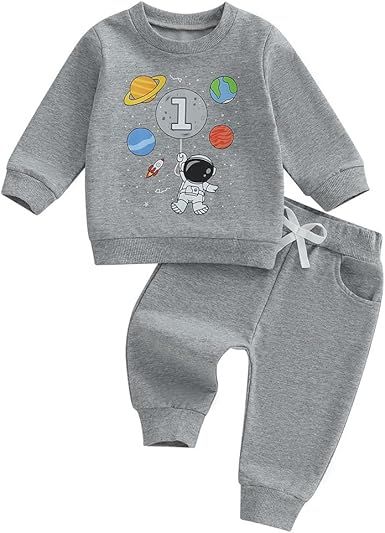 Pudcoco Toddler Baby Boys First Birthday Outfit 1st Birthday Space One Astronaut Sweatshirt and Jogger Pants Set