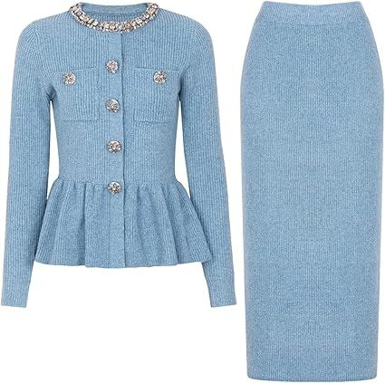 Women's Knitted Two Piece Skirt Set V-Neck Long Sleeve Cardigan And Midi Skirt Suit