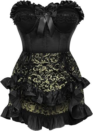 Daisy corsets Women's Daisy Corsets Top Drawer 2 Pc Black Satin Steel Boned Burlesque Corset & Gold Brocade Skirt Set