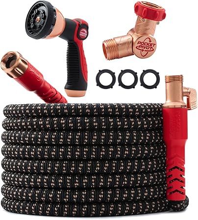 Pocket Hose 100 FT Copper Head Expandable Garden Hose with Pocket Pivot, No Tangles, AS SEEN ON TV, 360° Swivel, Tri-Tex Tubing, Force Field Jacket, Lead-Free, No-Kink, Anti-Burst w/APT