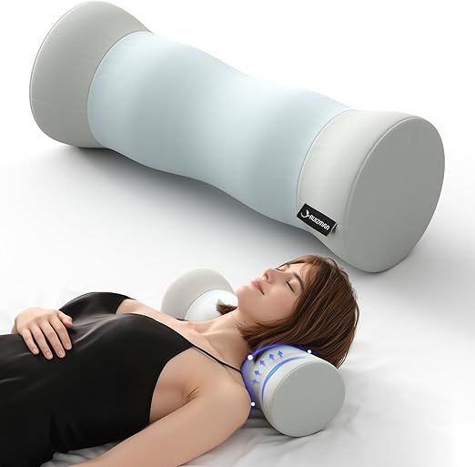 Cervical Roll Pillow - Ergonomic Design Round Neck Pillow Roll with Cooling Cover - Memory Foam Cylinder Bolster Pillows for Neck Support, Leg, Back, Yoga (Blue White)
