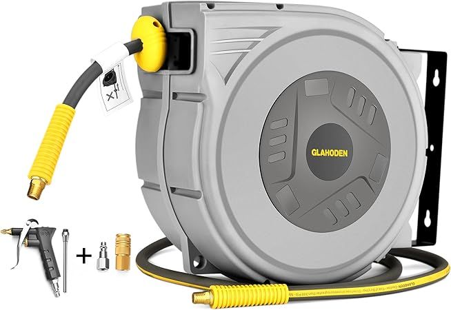 GLAHODEN Enclosed Retractable Air Hose Reel, 3/8 in x 65 Ft Hybrid Hose Air Compressor Hose Reel with 6 Ft Lead in Max 300 PSI Patented Design for Any Length Lock 180°Swivel Bracket Quick Coupler