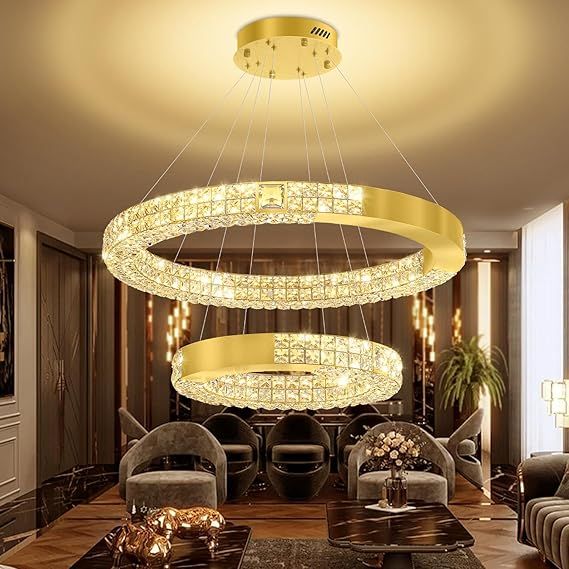 Led Gold Ring Chandelier for Living Room Dining Room Bedroom Modern Crystal Chandeliers Hanging Lighting Adjustable 2 Ring Chandeliers D32''+D20''