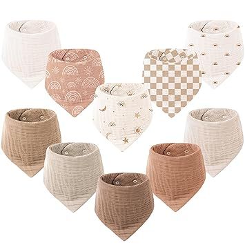Konssy Muslin Baby Bibs 10 Pack Baby Bandana Drool Bibs 100% Cotton for Unisex Boys and Girls, Soft Absorbent Set for Teething and Drooling