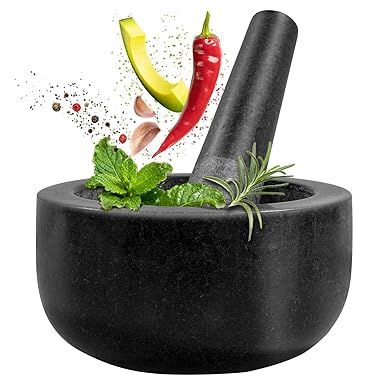 Large Granite Mortar and Pestle Set 2 Cup Capacity, Heavy Duty 6.3 Inch Herb Grinder Bowl with Long Pestle for Home Cooks, Stone Grinder for Spices Herbs Nuts Dried Chilies (Black)