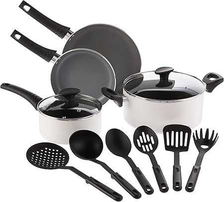 BELLA Cookware Set, 12 Piece Pots and Pans with Utensils, Nonstick PFOA Free Scratch Resistant Cooking Surface Compatible with All Stoves, Nylon and Aluminum, Cream Visit the BELLA Store