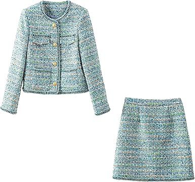Women Tweed Two Piece Skirt Set Short Jacket Coat Mini Skirt Office Work Professional Wear