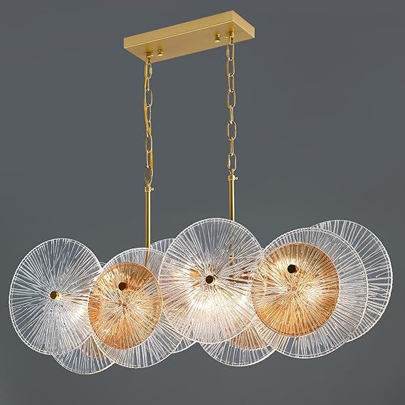 Gold Linear Chandeliers for Dining Room Light Fixture, 36" 8-Lights Modern Crystal Chandeliers Over Table | Kitchen Island Lighting with Clear/Amber Glass Cover for Living Dining Room Kitchen Foyer