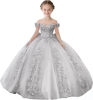 Lace Beaded Flower Girl Dresses for Wedding Off Shoulder Gilrs Pageant Dress Tulle Toddler Ball Gowns with Big Bow