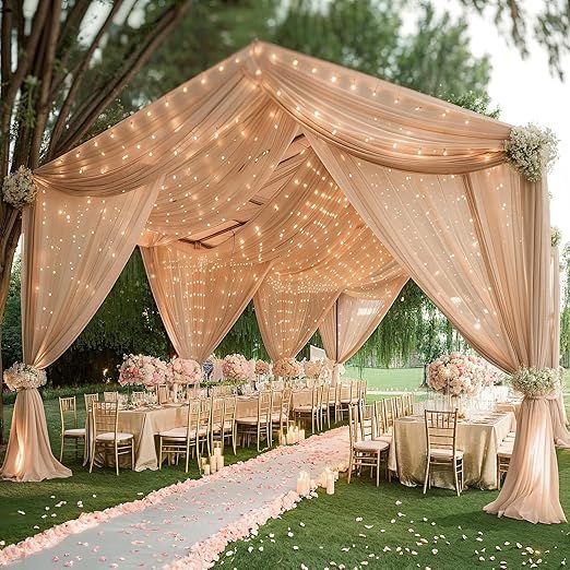 6 Panels Deep Champagne Ceiling Curtains with Lights for Weddings - 5ftx30ft Wrinkle-Free Tulle Fabric Wedding Arch Draping Ceiling Drapes Decorations for Wedding Party Ceremony Stage Tent Event