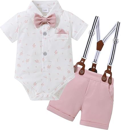 YUEMION Infant Baby Boy Clothes Gentleman Outfits Suits Summer Short Sleeve Bowtie Bodysuit Shirts + Suspender Shorts(0-24M)