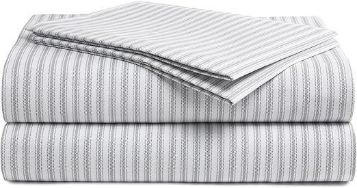 Peru Pima 415 Thread Count Percal California King Sheet Set - 100% Peruvian Pima Cotton, 4 Piece (Flat, Fitted, 2 Pillowcases) - Cooling, Deep Pocket, Hotel Quality Bedding - Nautical Stripe Grey