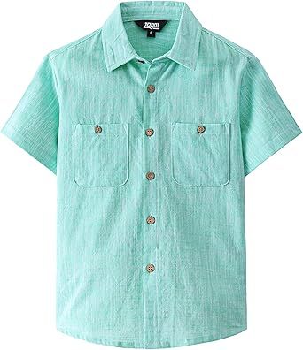 JOGAL Boys Chambray Shirts Short Sleeve Button Down Casual Cotton Woven Shirt with Two Pockets for Kids 6-14 Years