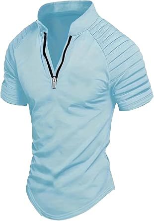 Men's Lapel Shirt Sports Solid Color Standing Collar Pleated Zipper Breathable Casual Top Short Sleeve