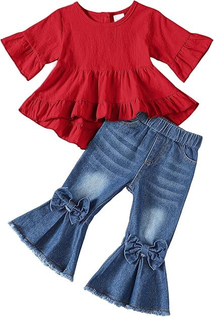 Kucnuzki Toddler Baby Girls Clothes Long Sleeve Shirt Top Flare Denim Jeans Cute Outfit Baby Girl Fall Winter Clothes