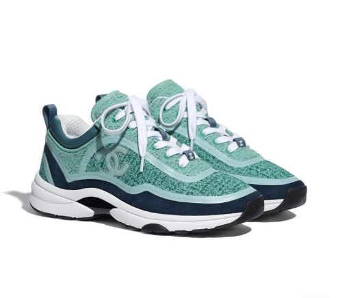 These are Chanel Tweed & Suede Calfskin Sneakers in Green and Turquoise.