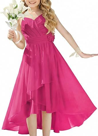 GRACE KARIN Girls Chiffon Summer Dresses Teen Long Party Formal Dress Flower Bridesmaid Straps Shirred High Low Clothes 6-14