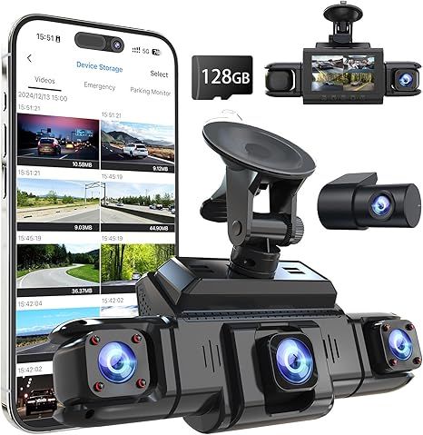 360 View 4 Channel Dash Cam Front and Rear Left Right Inside Camera for Cars, GPS and 5G Band WiFi, Night Vision, 160 Wide Angle, WDR, 24H Parking Mode, Supercapacitor, Included 128GB Card