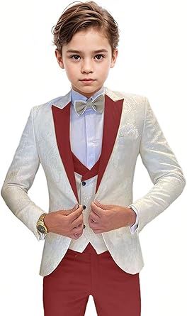 Boys Tuxedo Suit Jacquard Slim Fit 3 Piece Kids Tuxedo Suits for Boys Formal Wedding Suit Blazer Vest Pants