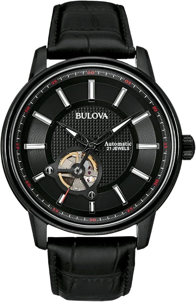 Bulova Men's Classic 3-Hand Automatic Leather Strap Watch, 21-Jewels, Hack Feature, Luminous Hands and Markers,Open Aperture and Exhibition Case Back
