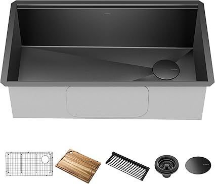 KRAUS Kore Workstation 32-inch Undermount 16 Gauge Black Stainless Steel Single Bowl Kitchen Sink in PVD Gunmetal Finish with Accessories, KWU110-32/PGM