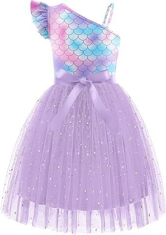 Arshiner Girls Dresses Summer One Shoulder Ruffle Sleeveless Formal Fancy Party Birthday Tulle Dress with Belted