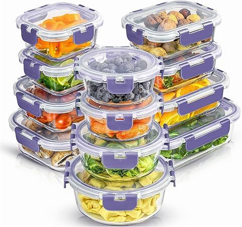 JoyJolt 24pc Borosilicate Glass Storage Containers with Lids | 12 Airtight/Freezer Safe Food Storage Containers for Pantry and Kitchen | Meal Prep Container for Lunch | Glass Tupperware Set