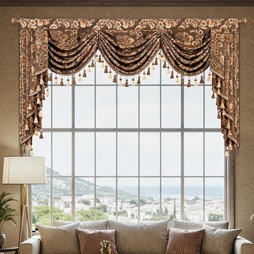 VOGOL European Damask Jacquard Waterfall Valance, View Reducing Victorian Swag Curtains for Living Dining Room, Brown Waterfall Valance with Handmade Tassels, 1 Panel, W79 x L43