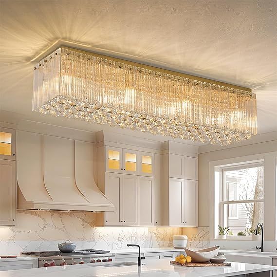 Crystal Chandelier for Dining Room, Gold Modern Rectangular Flush Mount Ceiling Light Fixture, 8-Light Elegant Rectangle Raindrop Chandeliers for Kitchen Island Over Table Bar Living Room, L40 inch