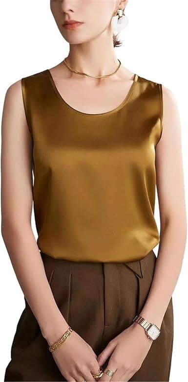 Women's Silk Blouse Summer O Neck Sleeveless Lightweight Soft High Street Style Casual Tank Tops
