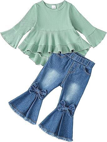 Kucnuzki Toddler Baby Girls Clothes Long Sleeve Shirt Top Flare Denim Jeans Cute Outfit Baby Girl Fall Winter Clothes
