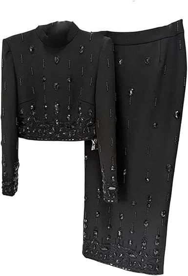 Women Elegant Heavy Industry Beads Diamond Stand Collar Back Zipper Short Slim Skirt Two-Piece Set Color: 