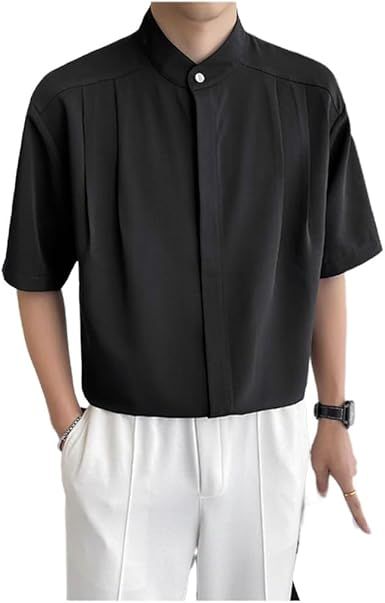 Black Chinese Standing Collar Men's Shirt Short Sleeved Clothing 7/4 Medium Collarless