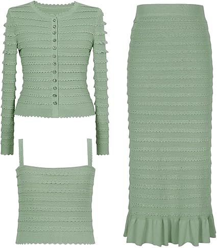 Women's Knit Skirt Set Lace Rhinestone Top with Ruffle Half Skirt Elegant Two Piece Outfit for Ladies