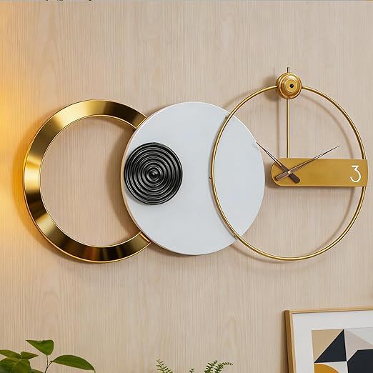 Modern Luxury Geometric Wall Clock, Large 3D Gold Metal Ring Abstract Art, Silent Non-Ticking, for Living Room Bedroom Office Decor, 17.7"x33.26"