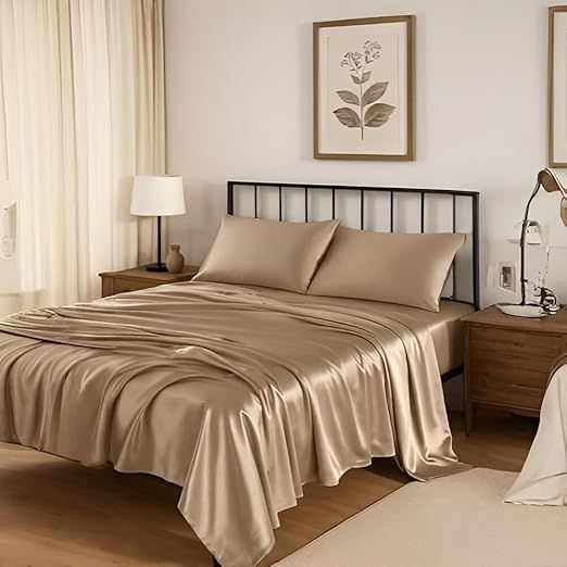 Twin XL Size 4-Piece Sheet Set Premium 30 Momme Mulberry Silk Bed Sheets Set Fits 23-26" Deep Pocket (Solid, Taupe)
