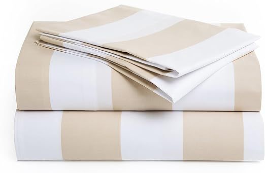 Peru Pima 415 Thread Count Percal California King Sheet Set - 100% Peruvian Pima Cotton, 4 Piece (Flat, Fitted, 2 Pillowcases) - Cooling, Crisp, Deep Pocket, Hotel Quality Bedding - Bold Stripe Latte