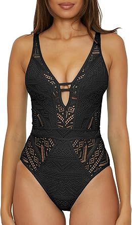 Becca Color Play One Piece Swimsuit, Plunge Neck, Crochet, Bathing Suits for Women
