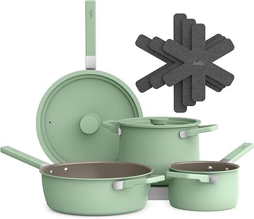 bella 9 Piece Ceramic Nonstick Cookware Set, Fits-anywhere™ Kitchenware w EverGood™ Coating, Dishwasher & Oven Safe, All Stovetops Compatible, Stackable Design, Cool Touch Handles, Seaglass