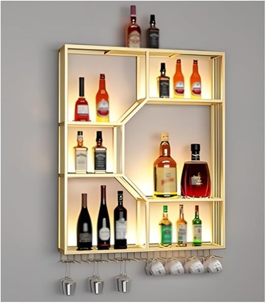 Zfmnoyev Metal Hanging Wine Bottle Holder, Wine Glass Rack with LED, Inverted Wine Glass Rack, Bar Unit Floating Shelves, Space Saving, for Home, Restaurant (Color : Gold, Size : 100x20x120cm)