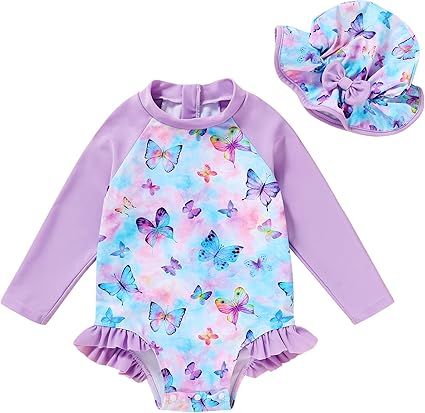 Infant Baby Girl Swimsuit One-Piece Long Sleeve Rash Guard with Hat Set Floral Zipper Bathing Suit Leopard Beach Wear