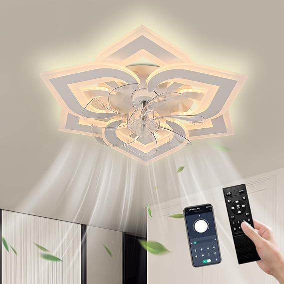 Ceiling Fan with Lights Low Profile Ceiling Fan with Lights Dimmable LED Fandelier 6 Speeds 3 Color White Fan for Bedroom Kids Room Living Room