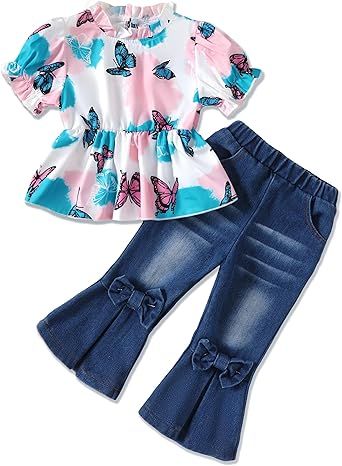 Baby Girl Clothes Toddler Girl Outfits Kids Puff Sleeve Shirt Top Flare Denim Pants Jeans Clothing for Little Girls