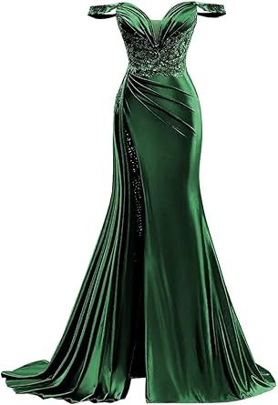 Homdor Off Shoulder Satin Prom Dresses Long 2026 Beaded Formal Dresses Pleated Evening Party Gown with Slit Tail