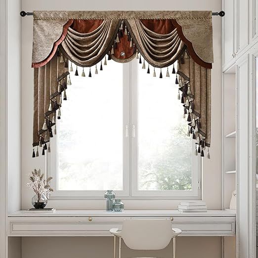 Luxury Brown and Coffee Valance Waterfall Swag with Tassels for Living Room Bedroom Windows European Design Rod Pocket Top (150 cm, 1 Panel)
