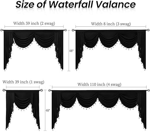 Black Velvet Window Curtains Valance, Rod Pocket Waterfall Valance Curtains for Bedroom(1 Panel, W110 inches, Black)