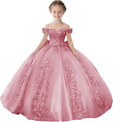 Lace Beaded Flower Girl Dresses for Wedding Off Shoulder Gilrs Pageant Dress Tulle Toddler Ball Gowns with Big Bow